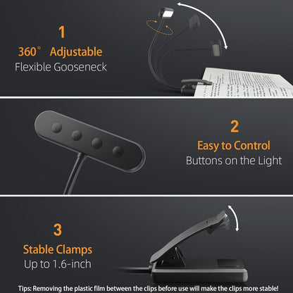 USB Rechargeable 14LED Book Reading Light, Flexible Clip-On Night Lamp, Portable Warm Cool Daylight Bedside Desk Light