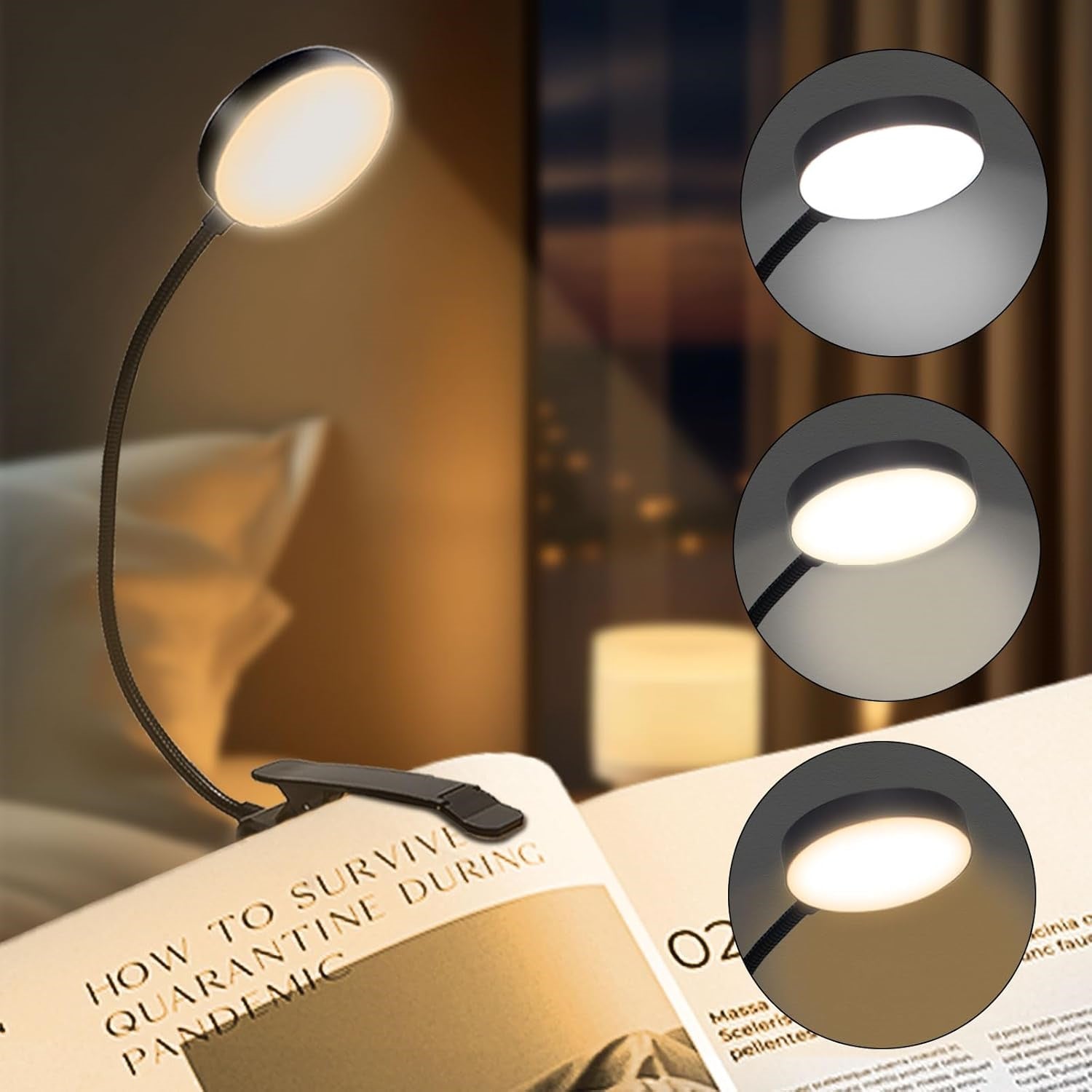 USB Rechargeable 14LED Book Reading Light, Flexible Clip-On Night Lamp, Portable Warm Cool Daylight Bedside Desk Light