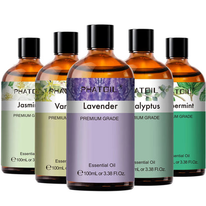 PHATOIL 100ml Essential Oil Set – Eucalyptus, Lavender, Vanilla, Jasmine, Lemon & Bergamot for Aromatherapy & Candle Mak