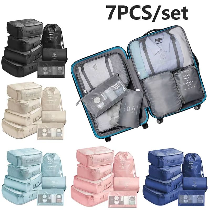 7 Piece Travel Packing Cubes Set Organizer and Compression Bags