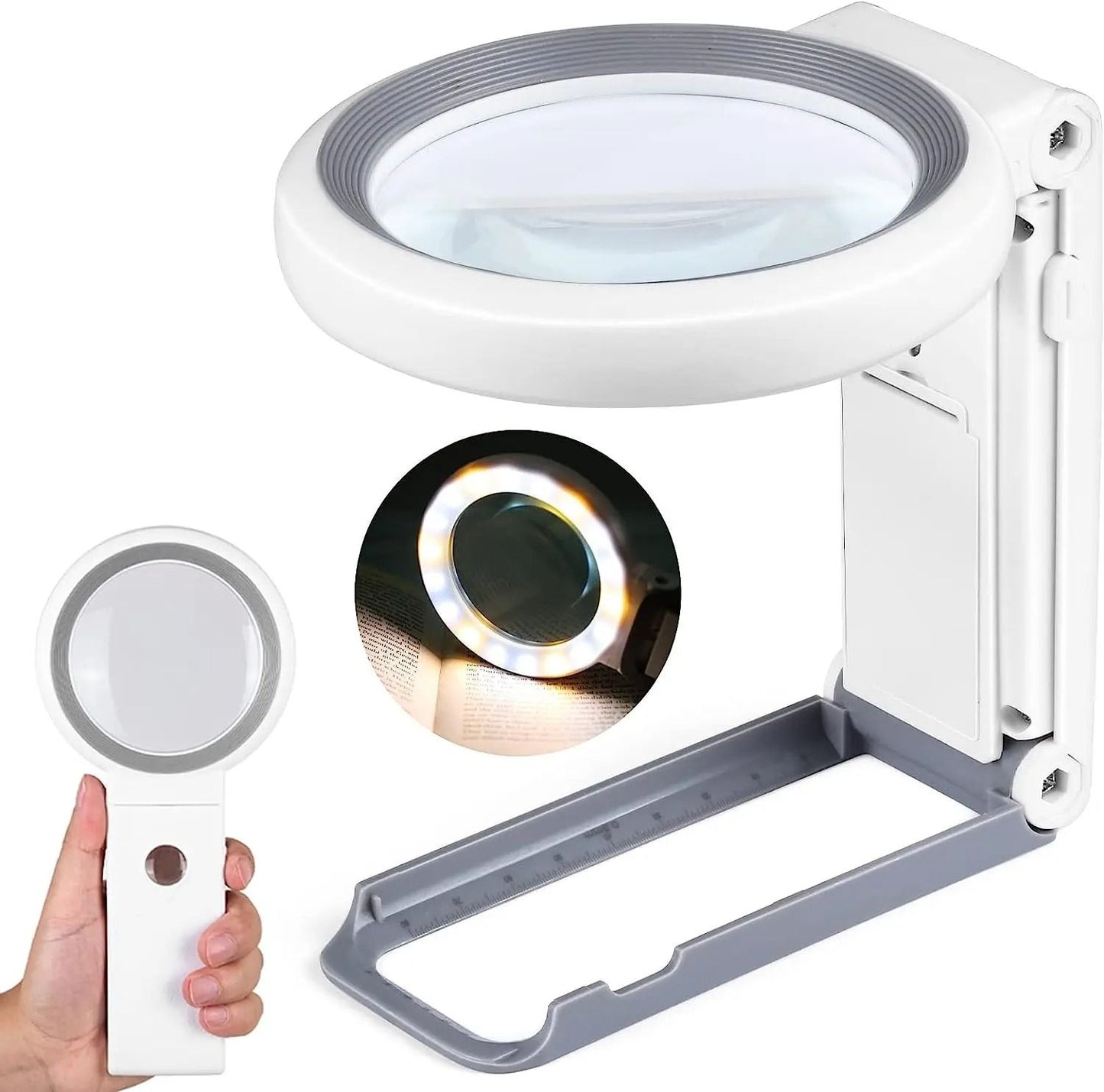 Folding LED Magnifying Glass with 30X and 10X Lenses and Stand for Reading and Precision Work