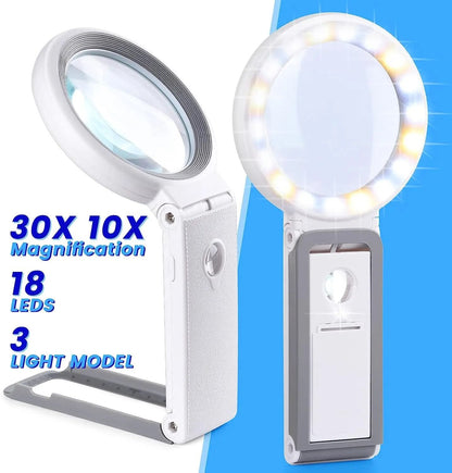 Folding LED Magnifying Glass With 30X And 10X Lenses And Stand For Reading And Precision Work 1