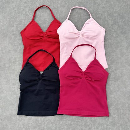 Women Sexy V Neck Longline Gym Tank Top, Seamless Strappy Padded Yoga Workout Vest, Slim Fit Running Sports Top