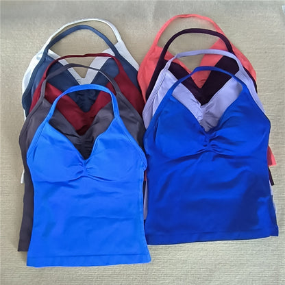 Women Sexy V Neck Longline Gym Tank Top, Seamless Strappy Padded Yoga Workout Vest, Slim Fit Running Sports Top