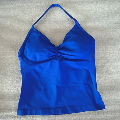 Women Sexy V Neck Longline Gym Tank Top, Seamless Strappy Padded Yoga Workout Vest, Slim Fit Running Sports Top