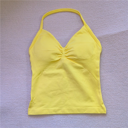 Women Sexy V Neck Longline Gym Tank Top, Seamless Strappy Padded Yoga Workout Vest, Slim Fit Running Sports Top