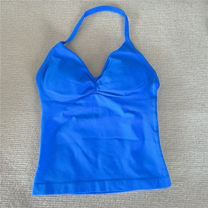 Women Sexy V Neck Longline Gym Tank Top, Seamless Strappy Padded Yoga Workout Vest, Slim Fit Running Sports Top
