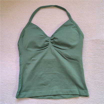 Women Sexy V Neck Longline Gym Tank Top, Seamless Strappy Padded Yoga Workout Vest, Slim Fit Running Sports Top