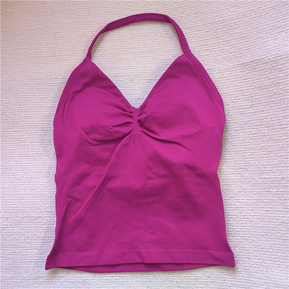 Women Sexy V Neck Longline Gym Tank Top, Seamless Strappy Padded Yoga Workout Vest, Slim Fit Running Sports Top