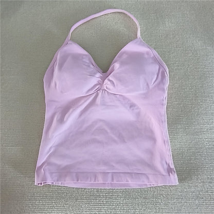 Women Sexy V Neck Longline Gym Tank Top, Seamless Strappy Padded Yoga Workout Vest, Slim Fit Running Sports Top