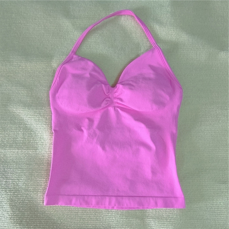 Women Sexy V Neck Longline Gym Tank Top, Seamless Strappy Padded Yoga Workout Vest, Slim Fit Running Sports Top