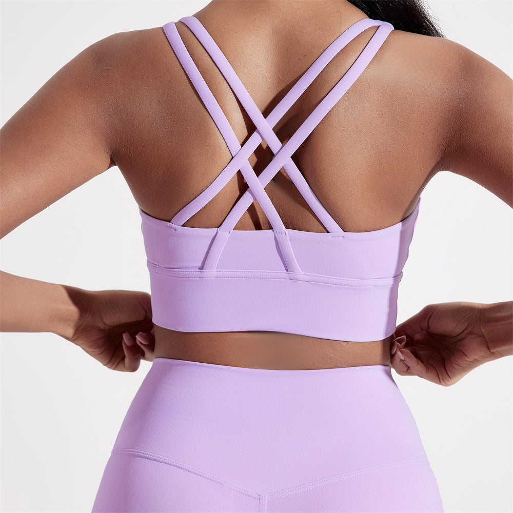 Solid Color Cross Back Sports Bra for Women, High Strength Fitness Tight Top, Gym & Yoga Underwear with Chest Pad