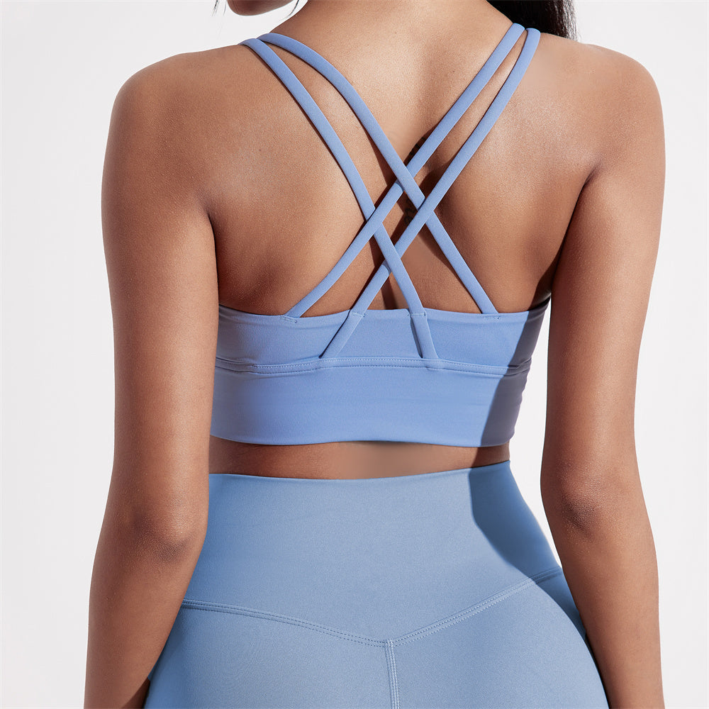 Solid Color Cross Back Sports Bra for Women, High Strength Fitness Tight Top, Gym & Yoga Underwear with Chest Pad