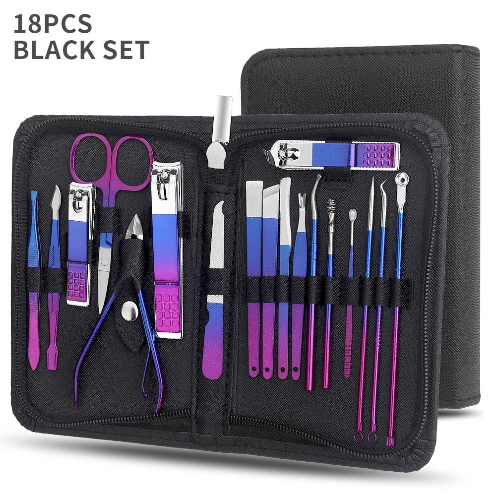Stainless Steel Gradient Manicure and Pedicure Kit with Nail Scissors and Travel Case