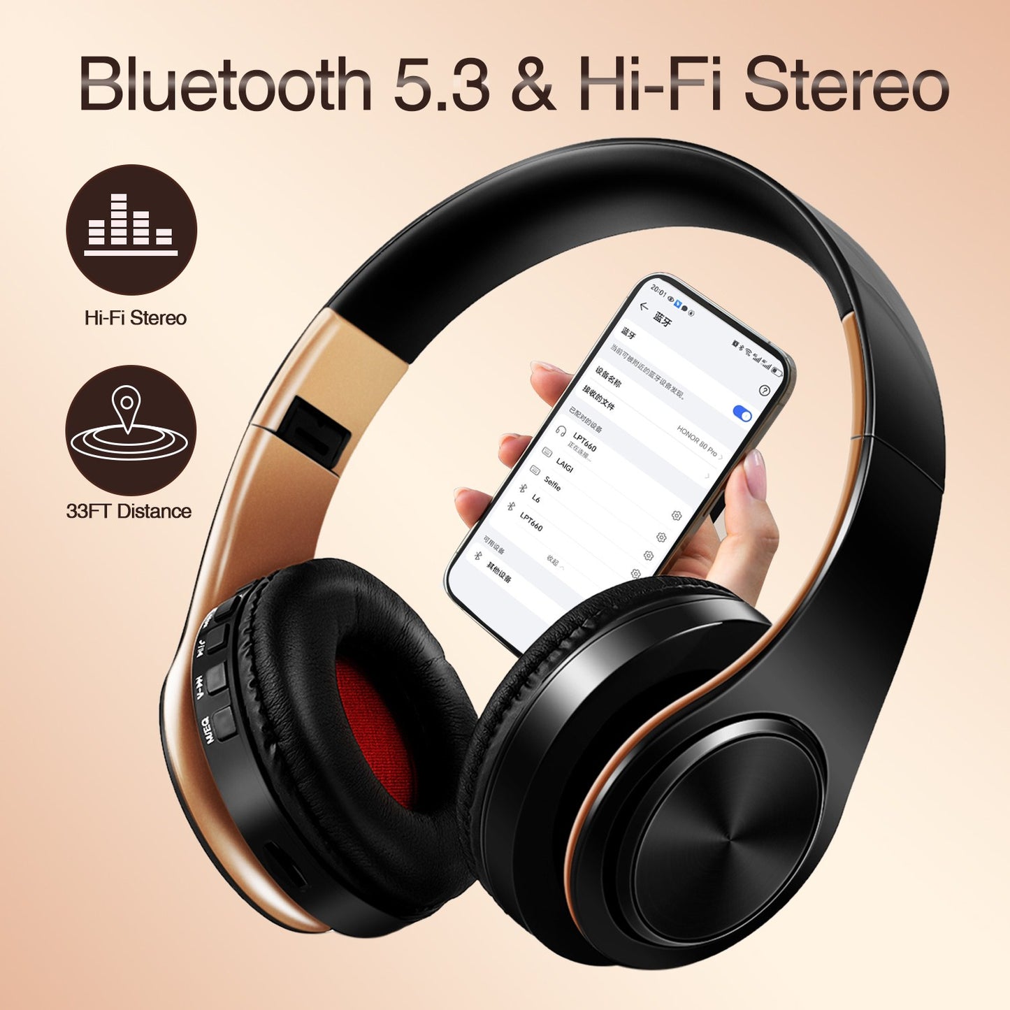 Gold Wireless Bluetooth Headphones for Men Gift, Stereo Headset with Built-in MIC & 3.5mm AUX Jack for iPhone Samsung