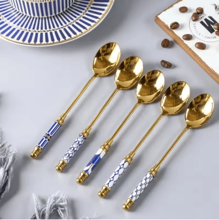 Gold Dessert Spoon With Ceramic Handle For Coffee And Ice Cream Stirring 1
