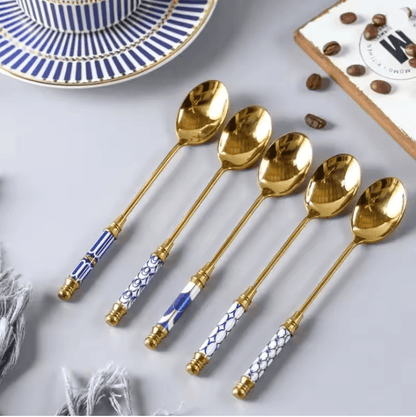 Gold Dessert Spoon With Ceramic Handle For Coffee And Ice Cream Stirring 1