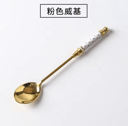 Gold Dessert Spoon With Ceramic Handle For Coffee And Ice Cream Stirring 7