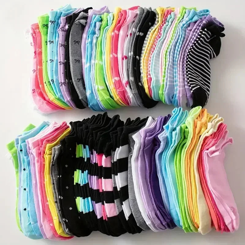 10/20/30/50/100Pairs Heart Print Socks – Valentine's Day Candy Colored Ankle Socks for Women – Cute Stockings & Hosiery