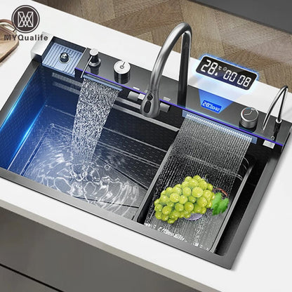 Stainless Steel Waterfall Kitchen Sink with Digital Faucet and Accessories