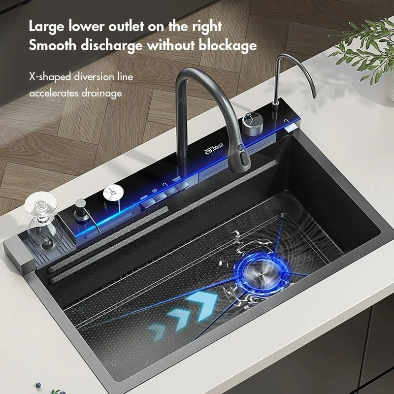 Stainless Steel Waterfall Kitchen Sink With Digital Faucet And Accessories 1