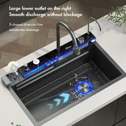 Stainless Steel Waterfall Kitchen Sink With Digital Faucet And Accessories 1