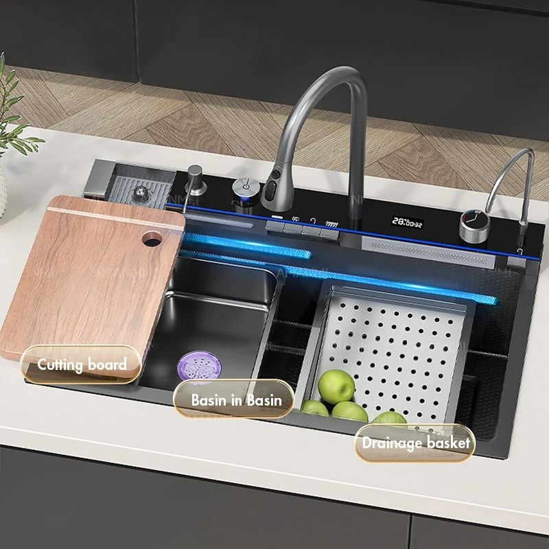 Stainless Steel Waterfall Kitchen Sink With Digital Faucet And Accessories 4