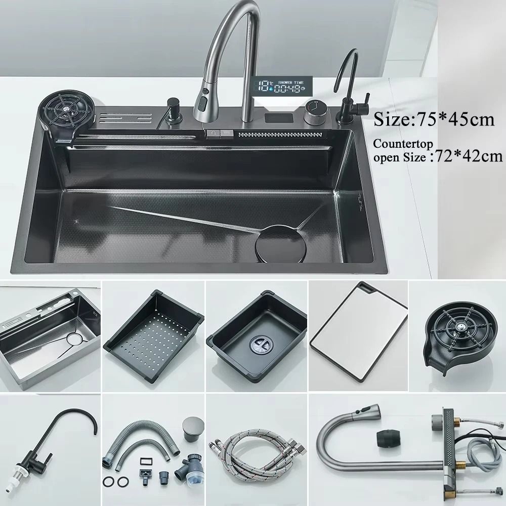 Stainless Steel Waterfall Kitchen Sink With Digital Faucet And Accessories 8