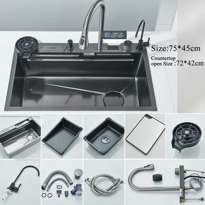 Stainless Steel Waterfall Kitchen Sink With Digital Faucet And Accessories 8