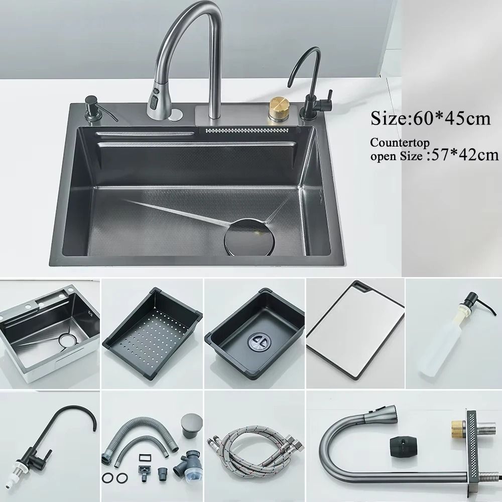 Stainless Steel Waterfall Kitchen Sink With Digital Faucet And Accessories 9