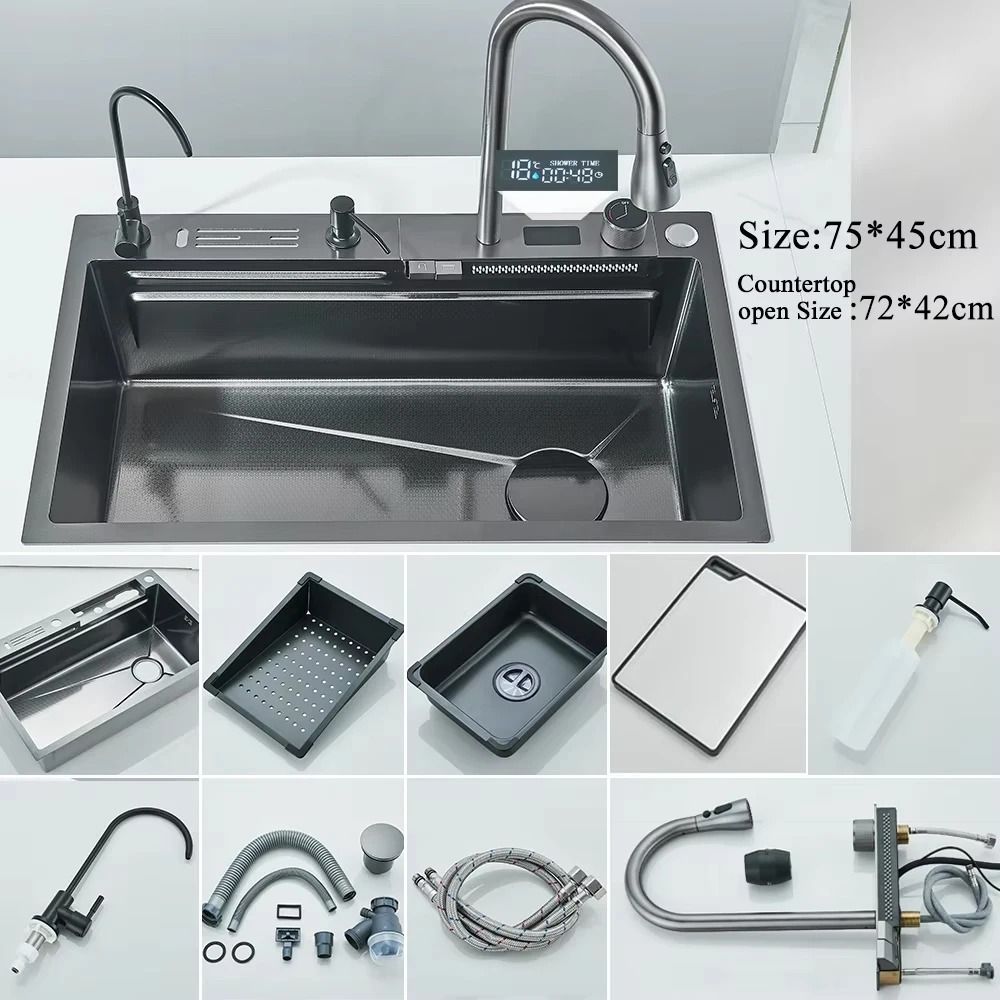 Stainless Steel Waterfall Kitchen Sink With Digital Faucet And Accessories 10