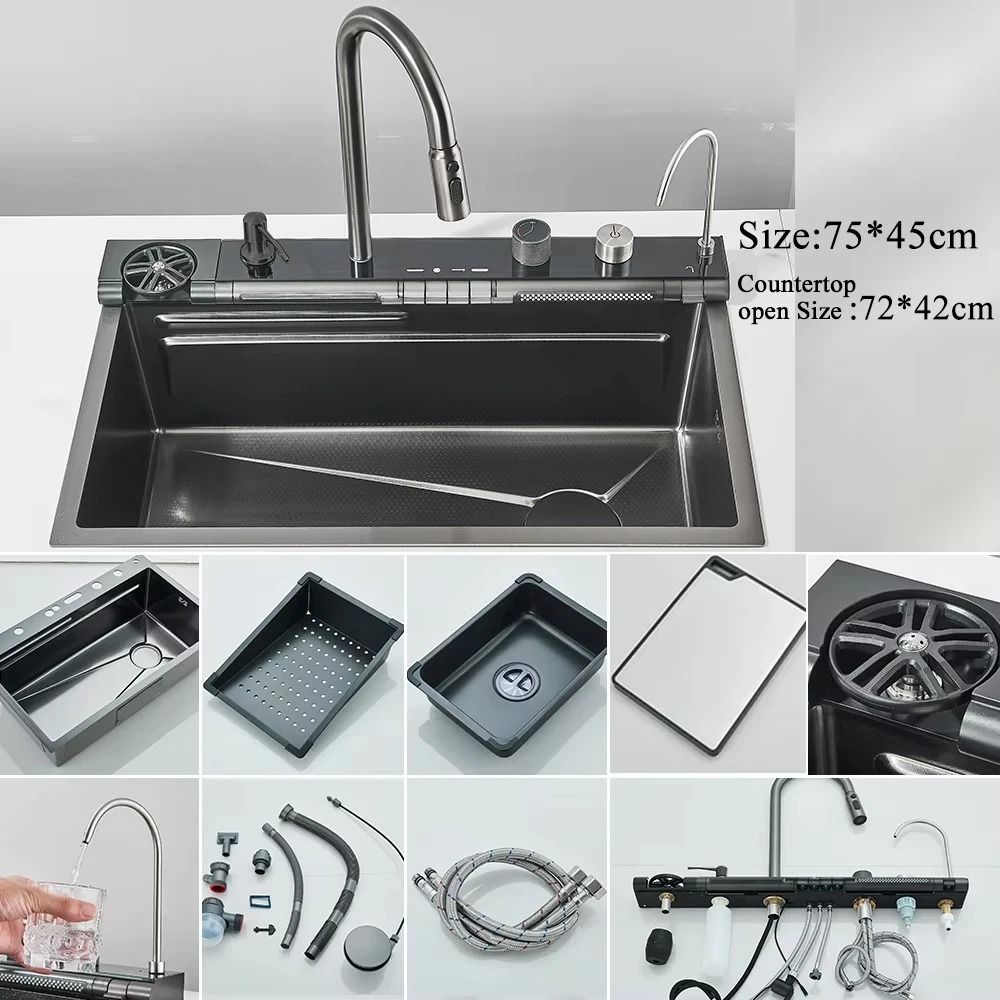 Stainless Steel Waterfall Kitchen Sink With Digital Faucet And Accessories 11