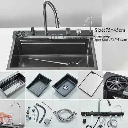 Stainless Steel Waterfall Kitchen Sink With Digital Faucet And Accessories 11
