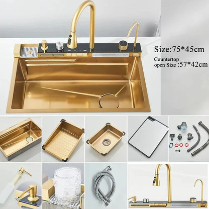 Stainless Steel Waterfall Kitchen Sink With Digital Faucet And Accessories 12