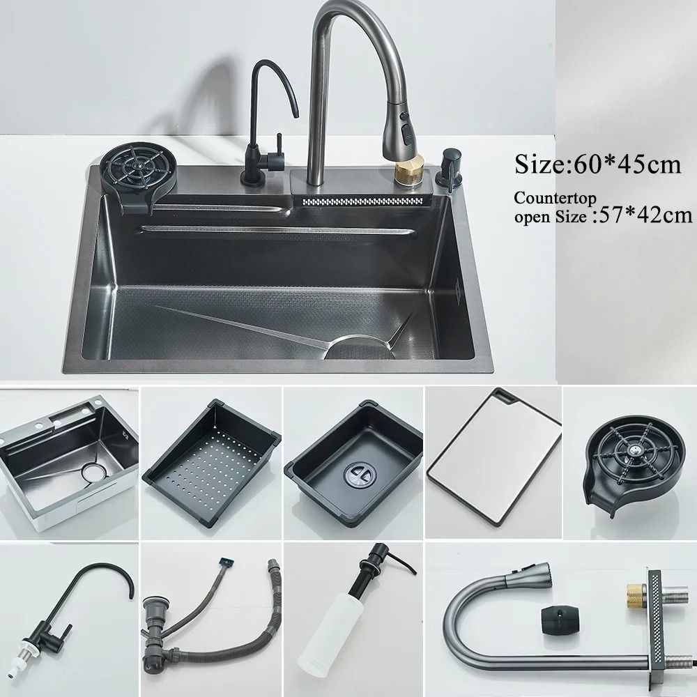 Stainless Steel Waterfall Kitchen Sink With Digital Faucet And Accessories 14