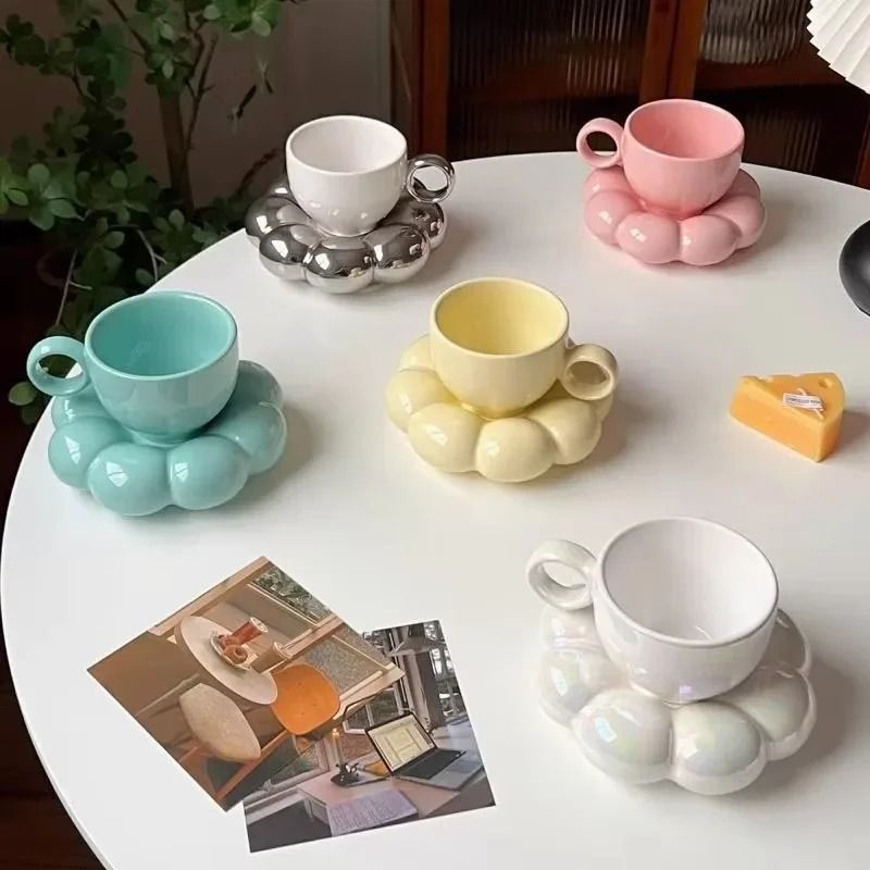 Ceramic Cloud Coffee Mug Set with Matching Floral Saucer for Office and Afternoon Tea