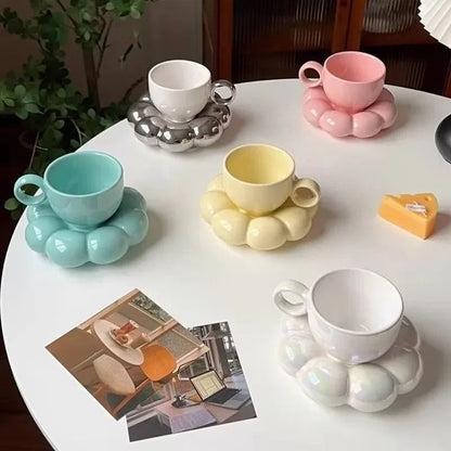 Ceramic Cloud Coffee Mug Set with Matching Floral Saucer for Office and Afternoon Tea