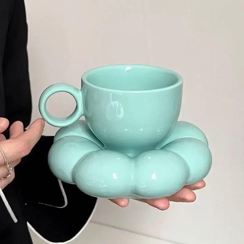 Ceramic Cloud Coffee Mug Set With Matching Floral Saucer For Office And Afternoon Tea 9