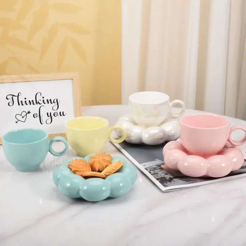 Ceramic Cloud Coffee Mug Set With Matching Floral Saucer For Office And Afternoon Tea 1