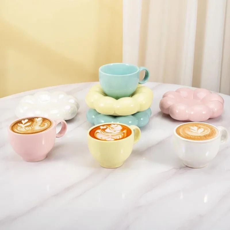 Ceramic Cloud Coffee Mug Set With Matching Floral Saucer For Office And Afternoon Tea 2