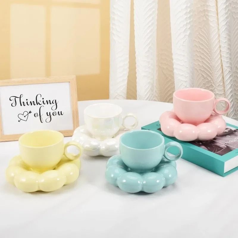 Ceramic Cloud Coffee Mug Set With Matching Floral Saucer For Office And Afternoon Tea 3