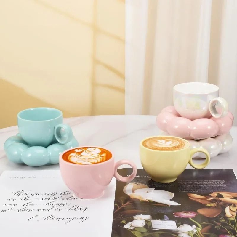Ceramic Cloud Coffee Mug Set With Matching Floral Saucer For Office And Afternoon Tea 4