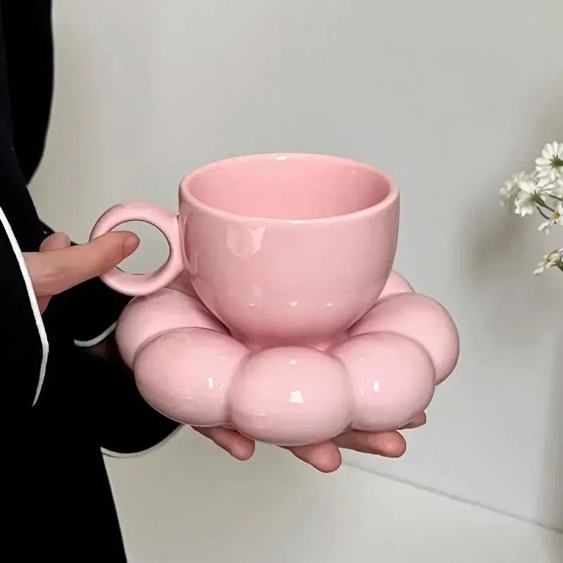 Ceramic Cloud Coffee Mug Set With Matching Floral Saucer For Office And Afternoon Tea 6