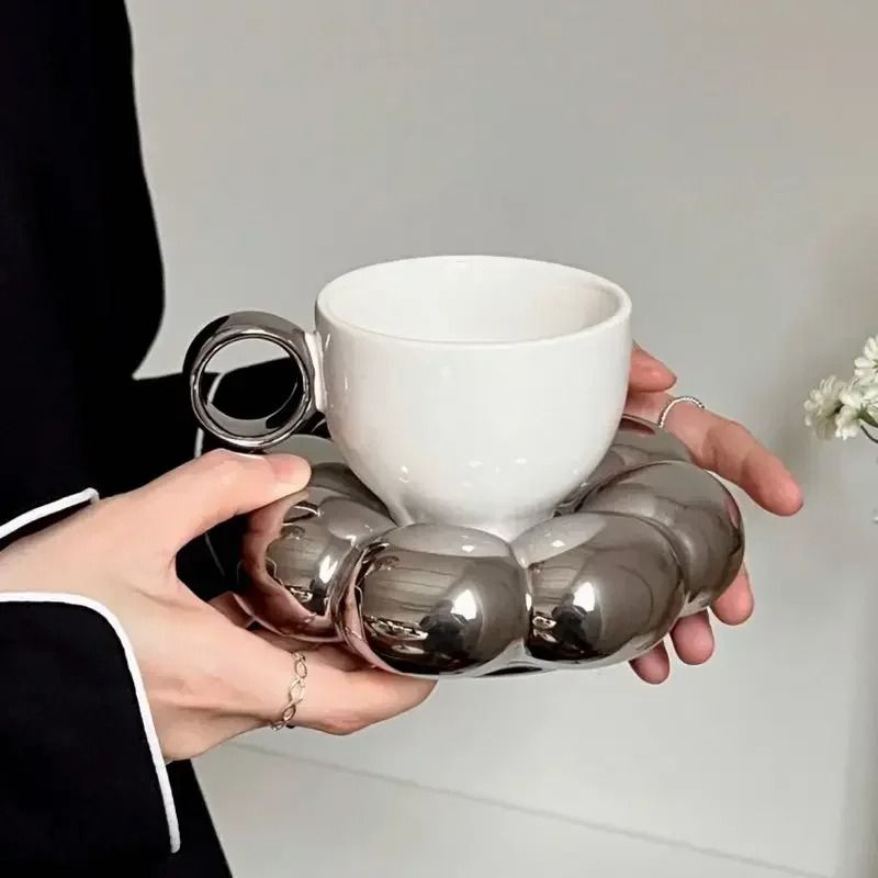 Ceramic Cloud Coffee Mug Set With Matching Floral Saucer For Office And Afternoon Tea 7