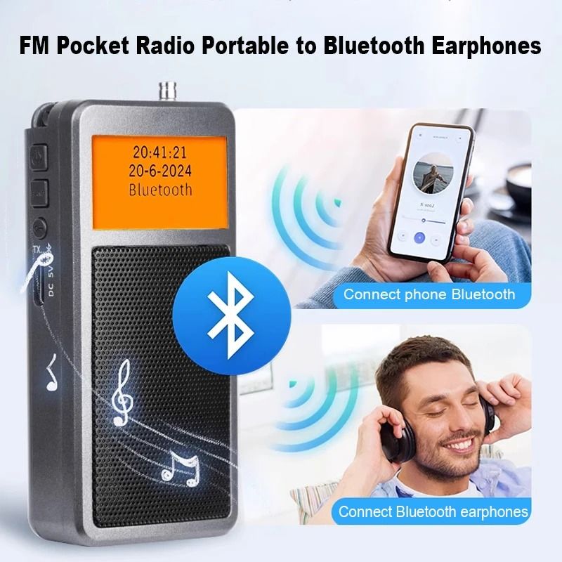 Mini Bluetooth Pocket Radio with Alarm Clock and Backlit Display for FM Stereo and Portable Wireless Audio