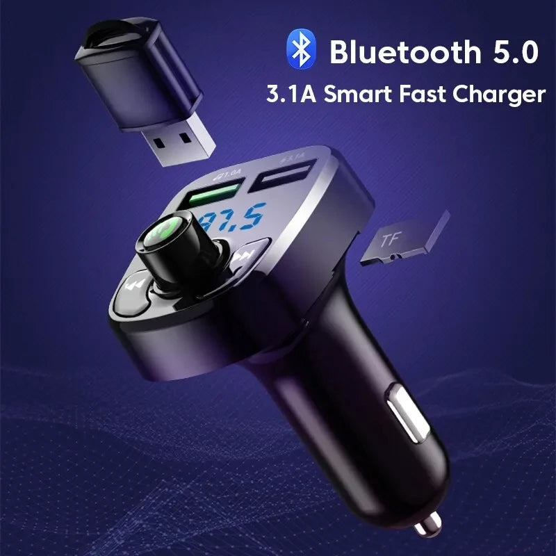 Dual USB Car Charger with Bluetooth 5.0 MP3 Transmitter – 3.1A QC3.0 & Type-C PD Fast Charging, Hands-Free Kit