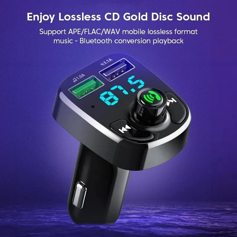 Dual USB Car Charger with Bluetooth 5.0 MP3 Transmitter – 3.1A QC3.0 & Type-C PD Fast Charging, Hands-Free Kit