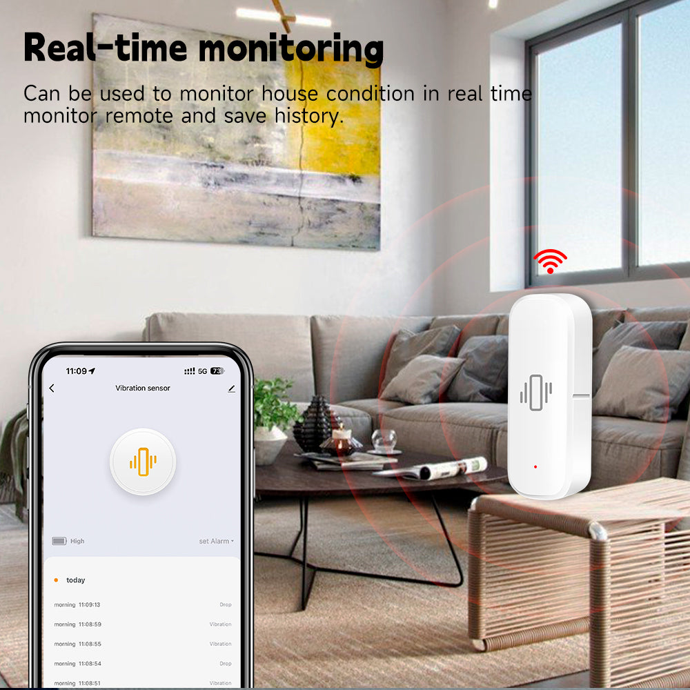 WiFi Tuya Smart Life Vibration Sensor, Motion Shock Alarm with App Control Security Monitor for Home and Door Window