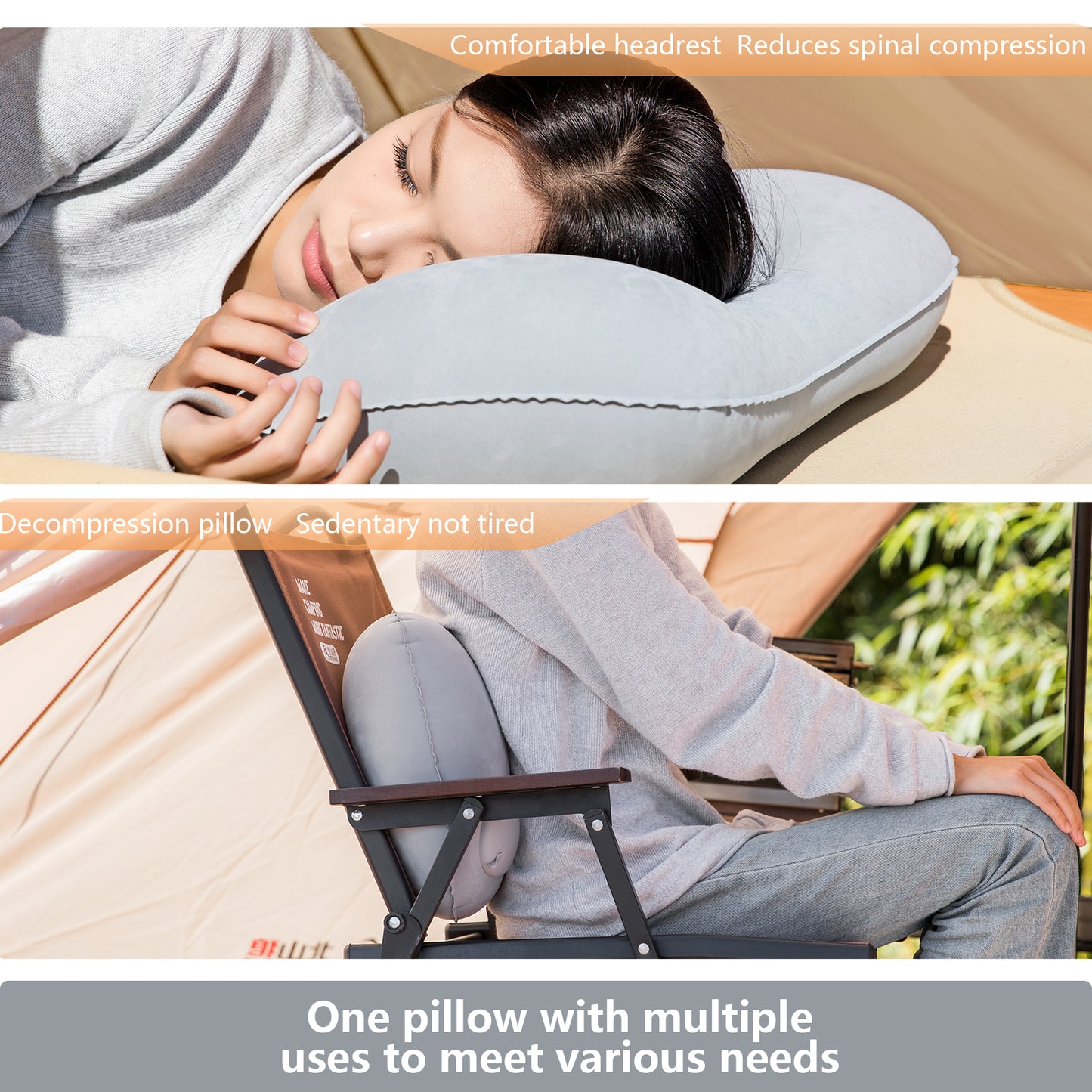 Camping Inflatable Pillow, Portable Ultralight Travel & Hiking Air Pillow with Built in Pump for Neck & Lumbar Support