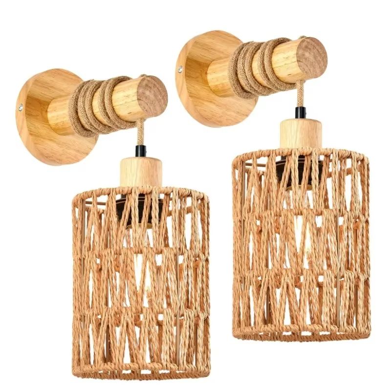 Rustic Hemp Rope Wall Sconce  Farmhouse Bedside Cylindrical Light Fixture 7